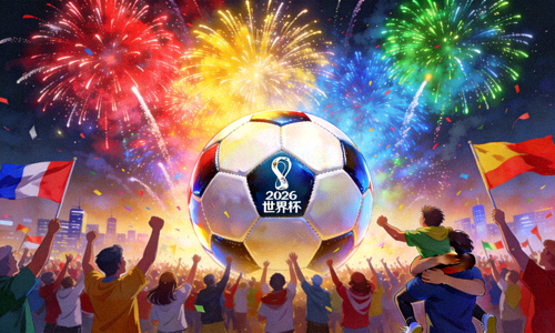 2026世界杯概念图 - 绚烂烟花下巨大的足球与欢呼人群